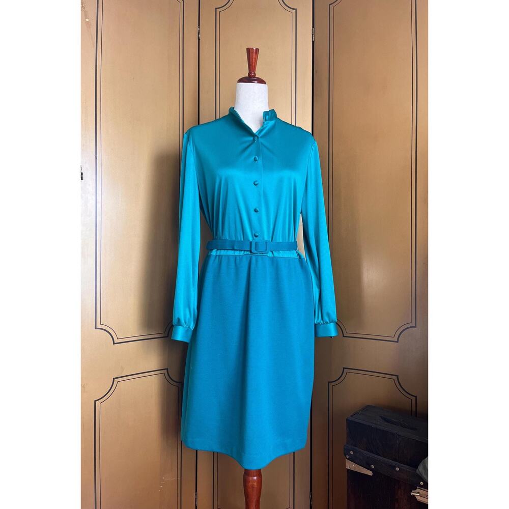 Vintage teal belted dress, retro style, size 14